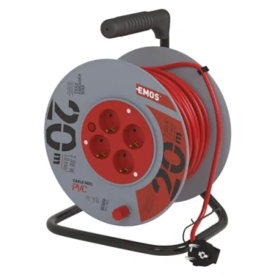 Abbildung von EMOS Kabeltrommel 20m 4 Schuko Steckdosen 230 V, 10 A, 2300 W hochwertige PVC Isolierung H05VV F3G 1,0 mm2 Überhitzungsschutz, Spulenbremse IP20 für Innen
