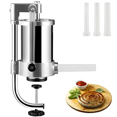 Abbildung von VEVOR Manueller Wurstfüller Wurstfüllmaschine 1,5 L, Edelstahl + Aluminium Professionelle Silberne Wurstmaschine inkl. 16/19 / 22 mm Füllrohre, Vertikale Wurstpresse mit Tischklemme Hausgemacht