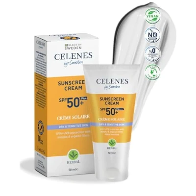 Abbildung von Celenes by Sweden Kräuter Sonnenschutzcreme SPF50+ für trockene &amp; sensible Haut Organische Sonnenfilter, Avocadoöl Vitamin E, Wasserfest, Keine weißen Rückstände, Frei von Parabenen 50ml