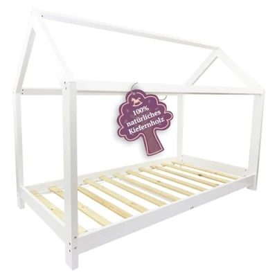Abbildung von Puckdaddy Finn Hausbett 200x90 cm Kinder Bett aus Holz in Weiß Bettrahmen im Design Rolllattenrost Hochwertiges Kinderzimmer &amp; Jugendbett für von 3 16 Jahren