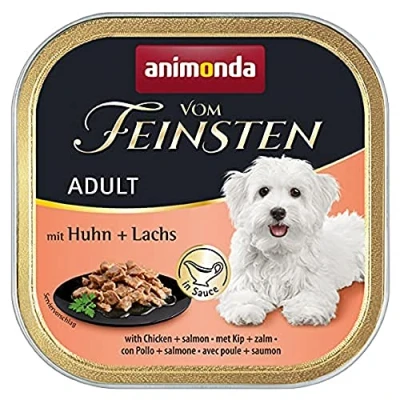 Abbildung von vom Feinsten Hundefutter nass mit Huhn + Lachs in Sauce (22 x 150g), ohne Getreide und Zucker von animonda, mitfrischen, fleischlichen Zutaten