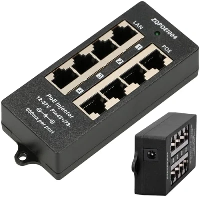 Abbildung von Extralink PoE Injector 4 Port, Fast Ethernet, Kurzschluss und Überspannungsschutz, Zwei RJ 45 Ports, Adapter, Injektor