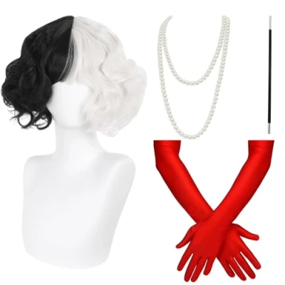 Abbildung von 4 Teiliges Hexen Anziehset, Cosplay, Halloween Perücke, Damenperücke, Schauspielerin Make Up, Schwarz Weiß Anziehzubehör, Geeignet Für Partys, Auftritte