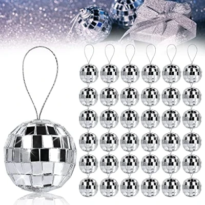 Abbildung von Spiegelkugel Discokugel, Vegena 36 Stück Silber 3cm Disco Kugel Ball Mirrorball Hängekuge für Party Geburtstag Hochzeit Dekoration Lichteffekt