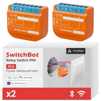 Abbildung von SwitchBot Matter Relais Schalter 1PM, Wlan kompatibel mit Alexa/Apple Home/Google Home, Leistungsmessendes Relaisschaltmodul integriertem Bluetooth Repeater,Bluetooth&amp;WiFi 2,4GHz,16A,2Pcs