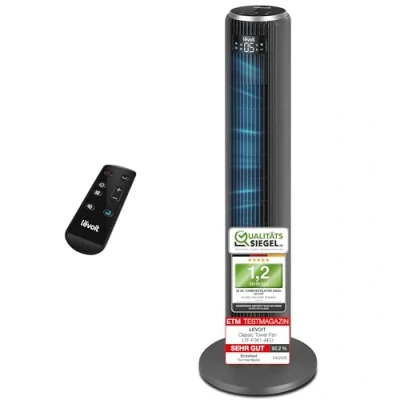 Abbildung von Levoit 23dB Leiser Turmventilator, Ventilator mit Kühlung, Tower Fan 5 Geschwindigkeiten 4 Modi 12Std Timer, Oszillierender Säulenventilator Sensor und Fernbedienung für Schlafzimmer Grau 92CM
