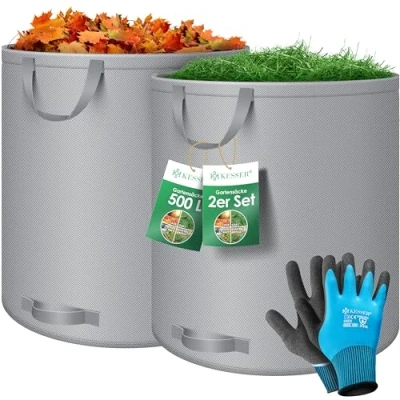 Abbildung von KESSER® Gartensack 2x 500L Set Laubsack Gartenabfallsack inkl. Handschuhe Selbststehend 4 Griffe Stabil Robust &amp; Faltbar Laubsäcke Rasenschnitt Gartensäcke für Gartenabfälle Grünschnitt Grau