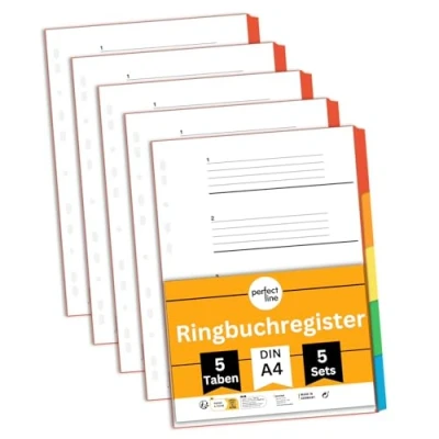 Abbildung von perfect line Ordner Register DIN A4, 5 teilig, 5er Set Blauer Engel zertifiziert recycelter Karton Made in Germany