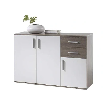 Abbildung von PREISBRECHER Kommode &gt;Freida&lt; in Weiß 120x82x35cm (BxHxT) (B/H/T 120 x 82 35 cm), aus Spanplatte, Sonoma dunkel/Weiß, mit 3 Türen, 2 Schubkästen