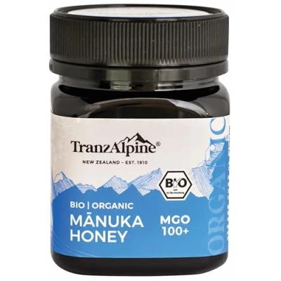 Abbildung von TranzAlpine Manuka Honig MGO 100+ BIO zertifiziert + geprüft 100% reiner Manukahonig aus Neuseeland mit laborgeprüftem Gehalt, Original Imkerabfüllung 250 g