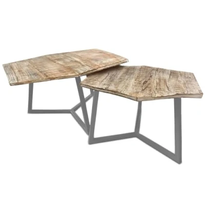 Abbildung von Amago home Couchtisch Set 2 Stück Wohnzimmer Beistelltisch Satztisch Gestell Metall Tischplatte vollmassiv Farbe Altsilber weiß gekälkt