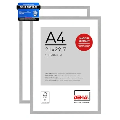 Abbildung von DEHA Design Bilderrahmen, 21 x 29,7 cm (A4) (2er Set), Aluminium, Silber matt, Dokumentenrahmen zum Aufhängen im Hoch &amp; Querformat, bruchsicheres Kunstglas, Tribeca