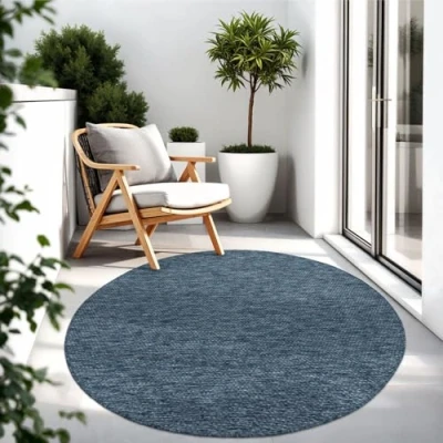Abbildung von TT Home Teppich Für Outdoor Küchenteppich Balkon Terrasse Unifarbenes Design Modern, Farbe: Blau, Größe:Ø 120 cm Rund