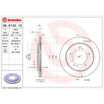 Abbildung von BREMBO 09.9142.10 Bremsscheibe 287 17 5 innenbelüftet SUZUKI: Grand Vitara 1 SUV