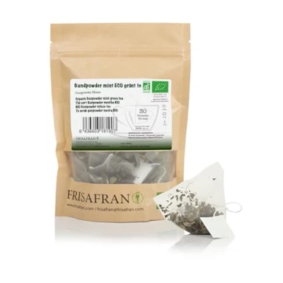 Abbildung von FRISAFRAN Bio Mint Gunpowder Grüntee in Pyramiden 30 Einheiten 60g Antioxidans japanischer grüner Tee Verdauungs erfrischendes Getränk Minzaufguss reiner Minzblätter heiß kalt