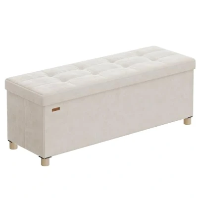 Abbildung von SONGMICS Sitzbank mit Stauraum, Hocker faltbar, 38 x 110 40 cm, Aufbewahrungsbox Deckel, Fußhocker 112 L, Samt, bis 300 kg belastbar, Flur Wohnzimmer Schlafzimmer, cappuccinobeige LSF0518W02