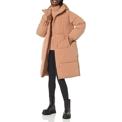 Abbildung von Amazon Essentials Damen Lange Oversize Daunenjacke mit Kapuze (in Übergröße erhältlich), Hellbraun, XL Große Größen