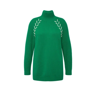 Abbildung von Ulla Popken SCHMUCKBÄNDER Stehkragen Langarm Strickpullover, Damen, Größe: 54/56, Smaragdgrün
