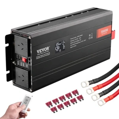 Abbildung von VEVOR Wechselrichter mit reiner Sinuswelle 3000W DC12V AC 230 V Spannungswandler 2 Steckdosen USB Anschlüssen 1 Typ C Anschluss LCD Display und Fernbedienung für große Haushaltsgeräte