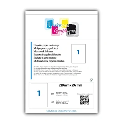 Abbildung von 100 Blatt DIN A4 zu je 1 Etikett (210 x 297 mm)= bedruckbare Etiketten, permanent haftend, mattweiß. Kompatibel mit allen gängigen Drucksystemen und Softwareprogrammen Grammatur 70gr/m2