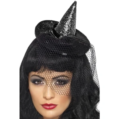 Abbildung von Smiffys Hexen Kostüm Mini Hexenhut schwarz, Glitzerndes Spitzhütchen mit Schleier an Haarband