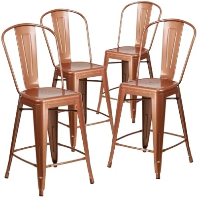Abbildung von Flash Furniture Commercial Grade 4 Pack 61 cm Hohe Metallhocker für drinnen und draußen mit Rückenlehne, Kupfer, Stück