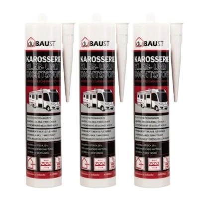 Abbildung von 3x dubaust Karosseriekleber Montageklebstoff Dichtstoff für Auto Wohnmobil Innen + Aussen UV resistent Haftung auf allen Untergründen Caravan Dichtmasse 290ml Kartusche schwarz
