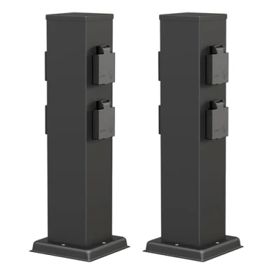 Abbildung von ledscom.de 2 Stück Garten Steckdosensäule Polly für außen, IP44, 4 Fach, Edelstahl, schwarz, eckig, 40 cm