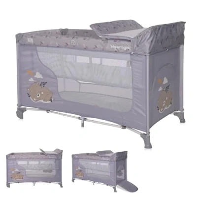 Abbildung von Lorelli 3 in 1 Babybett und Laufstall, Moonlight 2 Ebenen mit Seiteneingang, Kinderbett ab Geburt bis 15 kg, faltbares Baby Reisebett Neugeborenen Einsatz, Wickelauflage, Rollen Tasche, grau