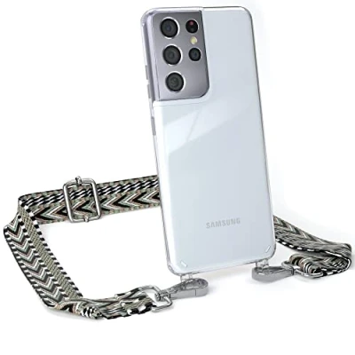 Abbildung von EAZY CASE Handykette Verstellbarer Trageriemen kompatibel mit Samsung Galaxy S21 Ultra, Handykordel Schutzhülle durchsichtig, Riemen für Handyketten, Grün/Schwarz Metall Silber