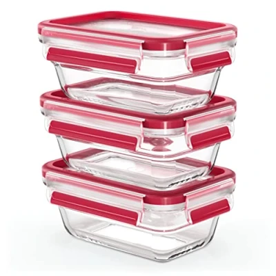 Abbildung von Emsa Aufbewahrungsbecher &quot;Clip &amp; Close Glas&quot;, (Set, 6 tlg.), Set 3 tlg., 0,45 Liter, rechteckig, Stapelkante, backofenfest, dicht