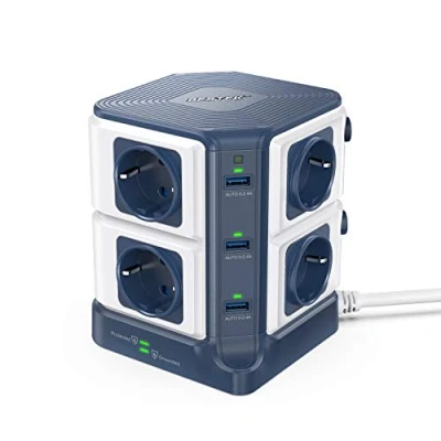 Abbildung von BESTEK mehrfachsteckdose 3m 8 Fach Steckdosenleiste mit überspannungsschutz 1500j, 6 USB (36W) Steckdosenverteiler, steckdosen Turm Blitzschutz, 3600w/16A, Blau