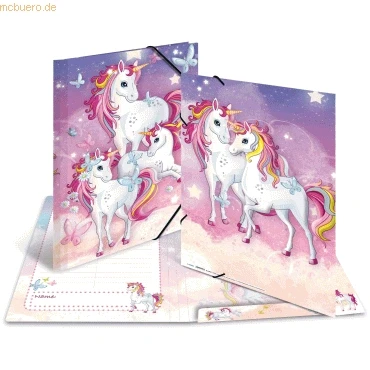Abbildung von HERMA 19457 Sammelmappe A3 Kindergarten Tiere Einhorn, Kinder Eckspanner Mappe aus Pappe mit Innendruck &amp; Gummizug, stabile Einschlagmappe Karton für Jungen Mädchen