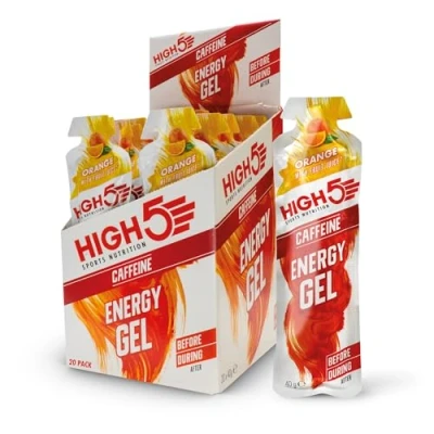 Abbildung von HIGH5 Energy Gel, Energie Gel im schnell zu öffnenden Portionsbeutel, mit natürlichem Fruchtsaft (Orange Koffein, 20 x 40g)