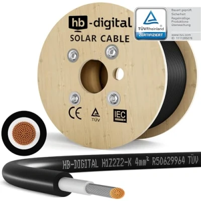 Abbildung von HB DIGITAL 300m Solarkabel H1Z2Z2 K TÜV Rheinland zertifiziertes 4mm² flexibel UV witterungsbeständig PV Kabel reines Kupfer 1500V DC für Solarpanel Wechselrichter Photovoltaik Schwarz