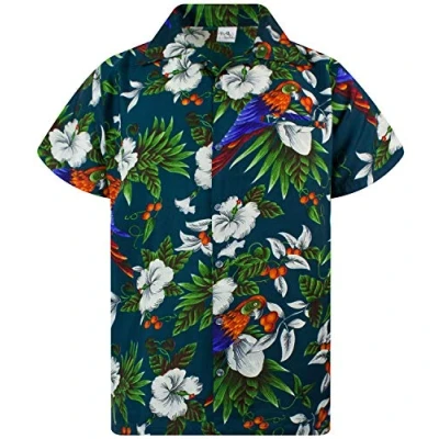 Abbildung von King Kameha Funky Hawaii Hemd, Herren, Kurzarm, Cherry Parrot, Petrol Grün, L
