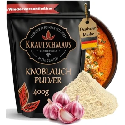 Abbildung von 400g Knoblauch Pulver von Krautschmaus, zum Grillen, Würzen und Kochen, schonend getrocknet fein gemahlen, intensiv duftend aromatisch, ohne Zusatzstoffe