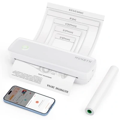 Abbildung von MUNBYN Mobiler Drucker Bluetooth Thermodrucker A4 203DPI Inkless Printer Kompatibel mit Android &amp; iOS für Handy Laptop, Unterstützt 210x297mm Thermopapier, Tragbar, ITP04, Weiß