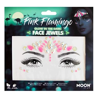 Abbildung von Moon Glow, im Dunkeln leuchtende Gesichtsjuwelen, Festival Gesichts und Körperedelsteine, Kristall Make up Augen Glitzeraufkleber, temporäre Tattoo Juwelen (Rosa Flamingo) (1 Stück)