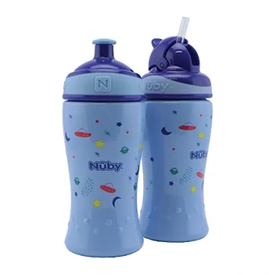 Abbildung von Nuby 2er Pack auslaufsichere Trinkflaschen Flip it Trinkhalmflasche 360ml + Pop up Trinkflasche Trinklernbecher für Kinder BPA FREI Blau Trinkbecher 12+ Monate &amp; 18+
