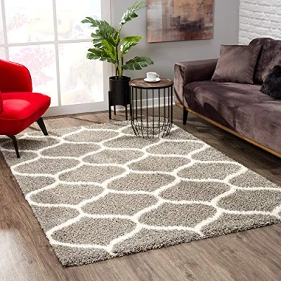 Abbildung von SANAT Madrid Shaggy Teppich Hochflor Teppiche für Wohnzimmer, Schlafzimmer, Küche Morocco Grau, Größe: 60x110 cm