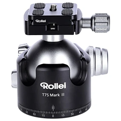 Abbildung von Rollei T7S Markt II professioneller 360 Grad Kamera Stativ Kugelkopf mit Friktion, 26KG Tragkraft, Skalierung f. Panorama Aufnahmen und 2 Wasserwaagen.Inkl. Acra Swiss kompatibler Schnellwechselplatte