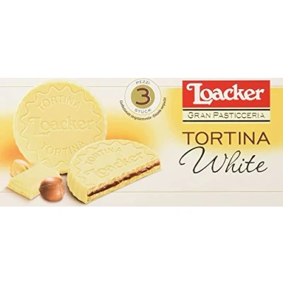 Abbildung von 3x Loacker Tortina White 3pz Weißer Schokoladengenuss gefüllt mit Haselnusscreme Kuchen 63g