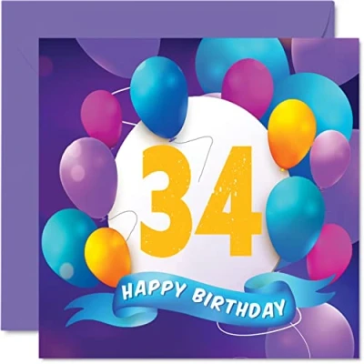 Abbildung von Geburtstagskarte zum 34. Geburtstag Männer und Frauen Ballon Party Happy Birthday Karten 34 Jahre alte Frau Bruder Schwester Mutter Vater Tante Onkel bester Freund Cousin 145 mm x