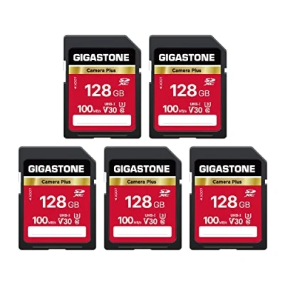 Abbildung von Gigastone Kamera Plus 128GB SDXC Speicherkarte 5er Pack bis zu 100 MB/s für Digitalkameras Canon Sony Nikon Olympus, 4K UHD Videoaufnahmen UHS I U3 V30 Klasse 10, mit 5 Mini Hülle