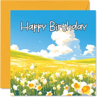 Abbildung von Stuff4 Geburtstagskarten mit Blumenmuster für Frauen und sie Narzissenfeld Happy Birthday Karte Mutter, Schwester, Tochter, Tante, Cousine, Oma, Freundin, 145 mm x mm, Narzissen, Blumen,