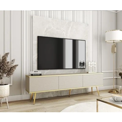 Abbildung von 3E 3xE living.com TV Schrank mit Lamellen in Beige goldenen Beinen, D: L: 175 cm, H: 53 T: 32 cm