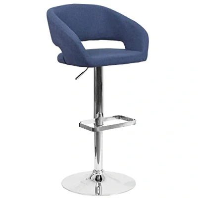 Abbildung von Flash Furniture Erik Bequemer und stilvoller Barhocker mit Abgerundeter Mittellehne Fußstütze, höhenverstellbar, Blauer Stoff Chromfuß