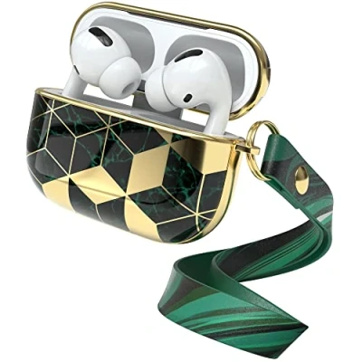 Abbildung von EAZY Case Schutzhülle für AirPods Pro Hülle Grün Hard Stoßfest mit Karabiner geeignet als Schlüsselanhänger Antikratz Etui rutschfest Hardcase Airpod 1. Generation in Gold Marmor
