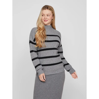 Abbildung von VILA Gestreifter Strickpullover, Damen, Größe: Small, Medium grey melange